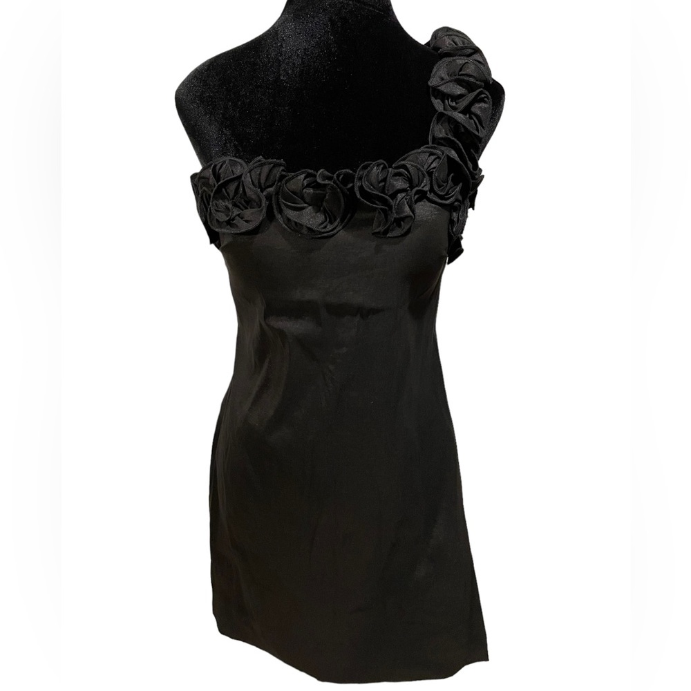 Snap Vintage 90s Black Artsy Abstract Ruffle One Shoulder Prom Formal Dress